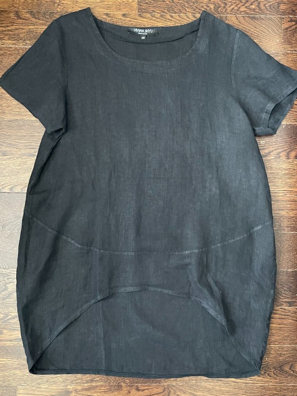 Vivian Shyu black 100% linen top Tunic Blouse high-low hemline-S/M